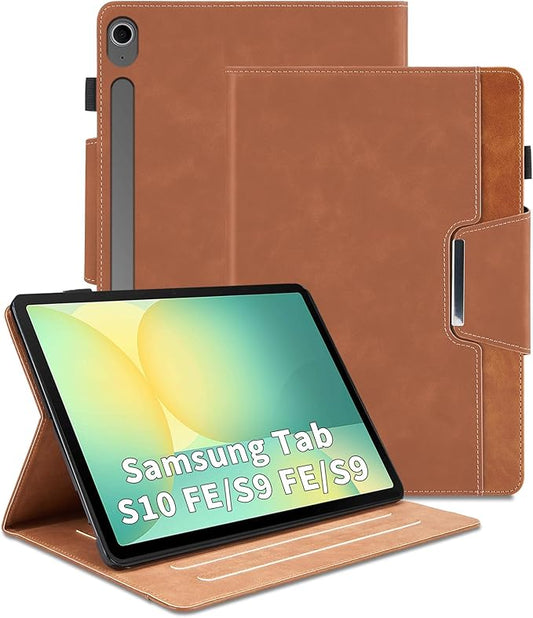 Case for Samsung Galaxy Tab S10 Lite/S10 FE/S9 FE 10.9 Inch/S9 11 Inch - Multi-Angle Stand Cover with Pocket, PU Leather Folio Case with Magnetic Clasp, Auto Wake/Sleep Smart Tablet Cover, Brown