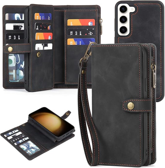 TwoHead for Samsung Galaxy S23 Wallet Case with Card Holder & Detachable Magnetic Phone Case for S23 6.1 inch,PU Leather Shockproof Protective Phone Case Wallet with Wrist Strap(Dream Black)