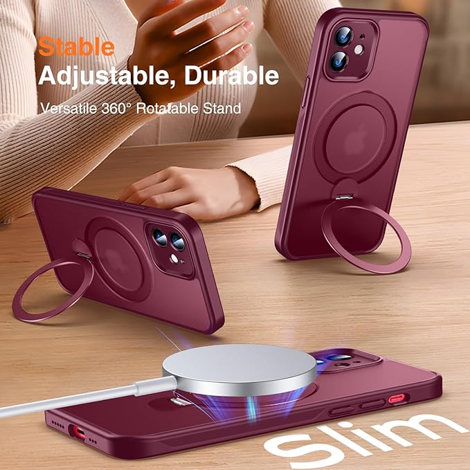 360° O-Ring MagStander for iPhone 12 Case, iPhone 12 Pro Case with Magnetic Stand Ring Holder [Compatible with MagSafe] [Military Shockproof] Kickstand iPhone 12/12 Pro Phone Cover Burgundy