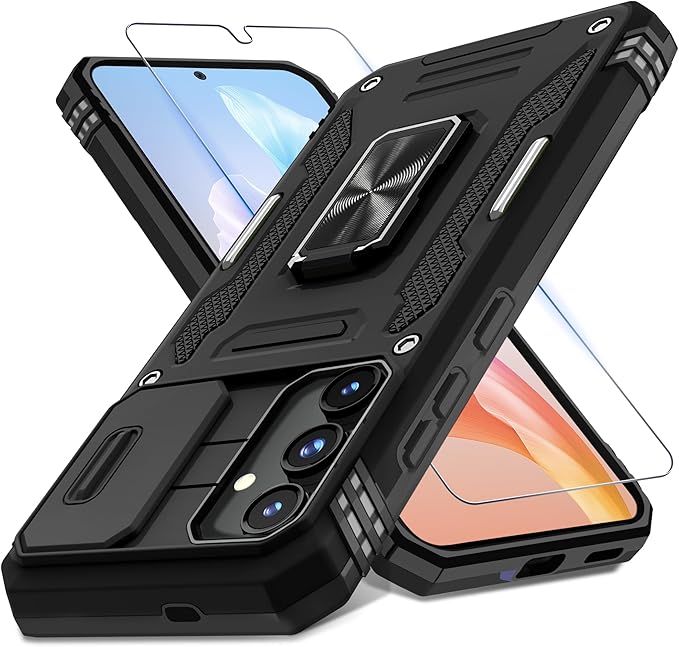 DEERLAMN Case for Samsung Galaxy S24+ Plus with Slide Camera Cover+Screen Protector (1 Pack), Rotated Ring Kickstand Military Grade Shockproof Protective Cover-Black