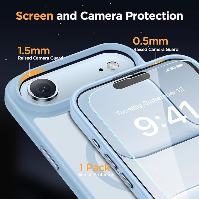 Miracase Magnetic for iPhone Air Case 2025 with Screen Protector(Compatible with MagSafe), Slim Thin Translucent Matte Military-Grade Protected Phone Cover for iPhone 17 Air 6.5" Armbands, Sky Blue