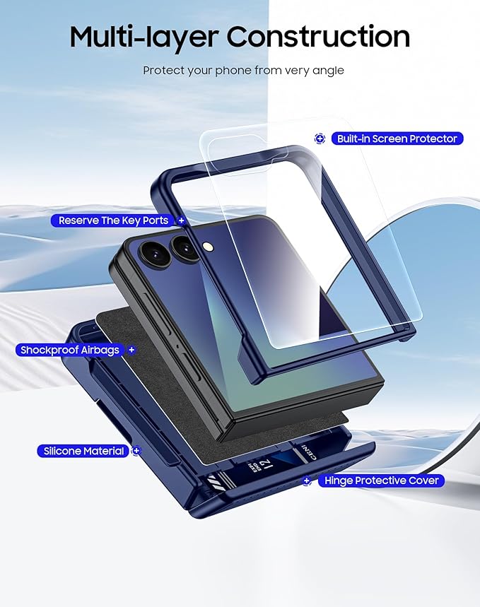 CENMASO for Samsung Galaxy Z Flip 7 Case with Card Holder [RFID Blocking] & Hinge Protection & HD Screen Protector, Rugged Anti-Scratch Full-Body Shockproof Phone Case for Z Flip 7-Blue