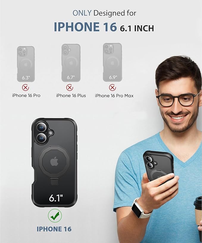 Compatible with iPhone 16 Case, Built-in Screen Protector & Seamless Stand, with Camera Lens Protector, Strong Magnetic Matte Phone Case, Full Body Protective Cover for 6.1 Inch (Black)
