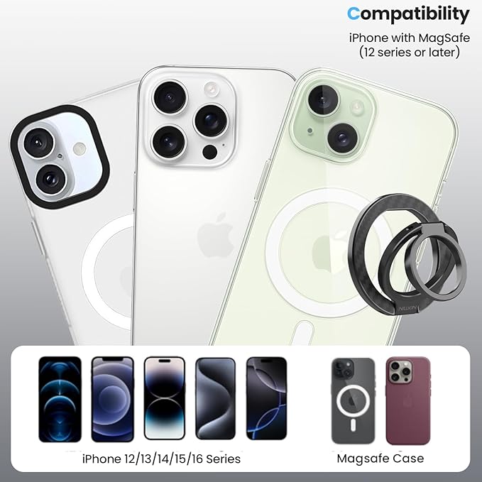 Nillkin Magsafe Phone Grip Magnetic Ring Holder, Carbon Fiber, Dual-Sided Magnets, Slim, 360° Dual Axis Rotation Cell Phone Kickstand, Accessories Compatible with iPhone 17 16 15 14 13 12 Pro Max