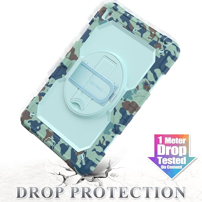SEYMAC stock Case for iPad 9th/ 8th/ 7th Generation 10.2'', Shockproof with Screen Protector, Pencil Holder [360° Rotating Hand Strap] & Stand, for iPad 10.2 inch 2021-2019 (SkyBlue Camo)