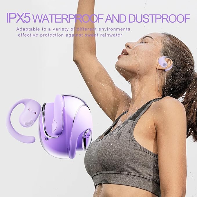 Open Ear Headphones Wireless Bluetooth 5.4, OWS Hanging Earphones Wireless Earbuds with Earhooks and Mic, IPX5 Waterproof, 48H Range, Out of Ear Earbuds for Sports Running Workout Driving(Purple)