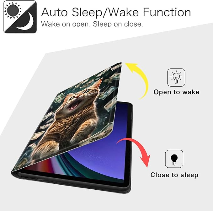 Case for Samsung Galaxy Tab S10 FE/ S9 FE 5G 10.9 Inch/Tab S9 11 Inch, Slim PU Leather Stand Cover with Auto Wake/Sleep, Multi-Angle Viewing & Shockproof, Excited Cat