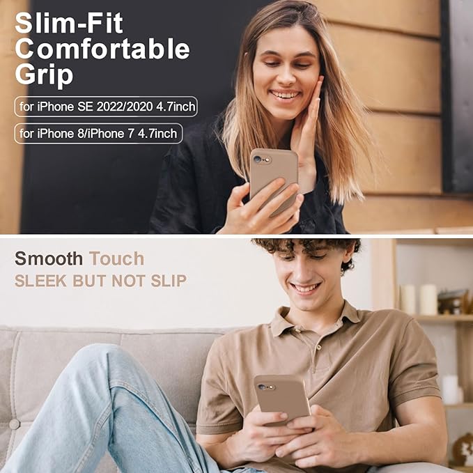 Vooii for iPhone SE Case 2022/3rd/2020,iPhone 8/7 Case, Upgraded Liquid Silicone with [Flat Edges] [Camera Protection] [Soft Anti-Scratch Microfiber Lining] Phone Case for iPhone SE - Light Brown