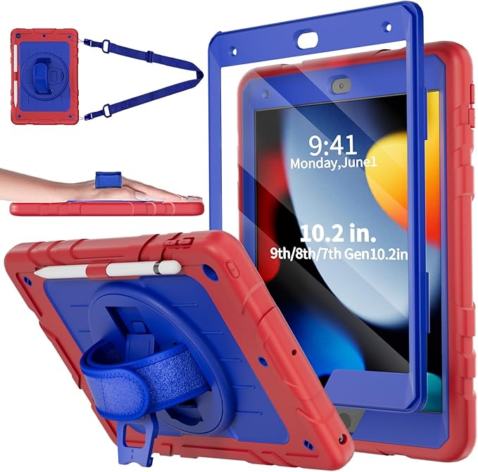Case for iPad 9th/8th/7th Generation-Built-in Screen Protector,with Pencil Holder & 360°Rotating Hand Strap,Shoulder Strap,Case for iPad 10.2 inch 2021-2019(Red/Blue)