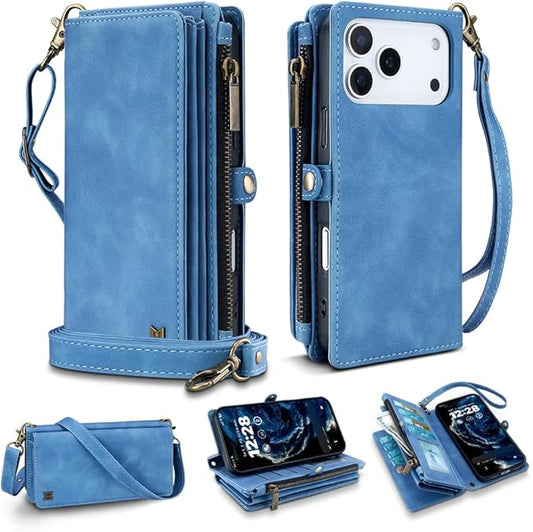 for iPhone 17 Pro Max Wallet Phone Case with 8 Card Holder,RFID Blocking | PU Leather | Kickstand | Flip | Wrist Strap&Shoulder Strap | Shockproof | Zipper Wallet | Women Men | 6.9" | Sky Blue