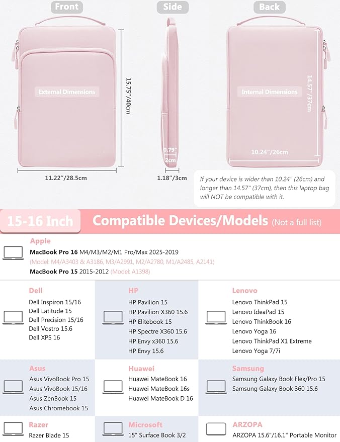 HYZUO 15-16 Inch Laptop Bag Sleeve for MacBook Pro 16 M4 M3 M2 M1 2025-2019, 15" Surface Book, Notebook Case for 15" 15.6" Dell HP Lenovo ThinkBook Asus Acer Samsung Huawei, Pale Pink