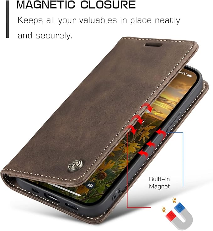 for iPhone 14 Pro Case, Flip Wallet Leather Case with Card Holder Magnetic Closure Shockproof Kickstand Protective Phone Cases Cover for iPhone 14 Pro, Coffee