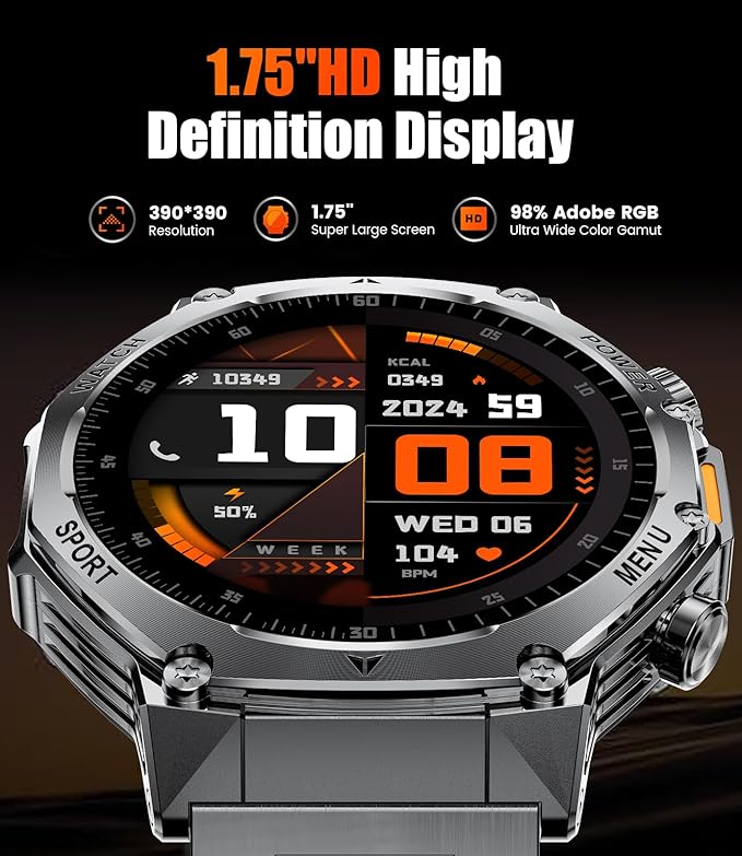 Military Smart Watch for Men,800mAh Large Battery/1.75" HD Smartwatch with LED Flashlight for Android iOS (Bluetooth Call Answer/Calls)Fitness Tracker with Heart Rate/Sleep Tracking/Pedometer 2 Straps