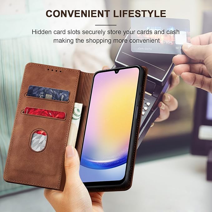 Jasonyu Flip Wallet Case for Samsung Galaxy A25 5G,Leather Magnetic Folio Cover with Card Holder,Kickstand - TPU Shockproof Durable Protective Phone Case,Brown