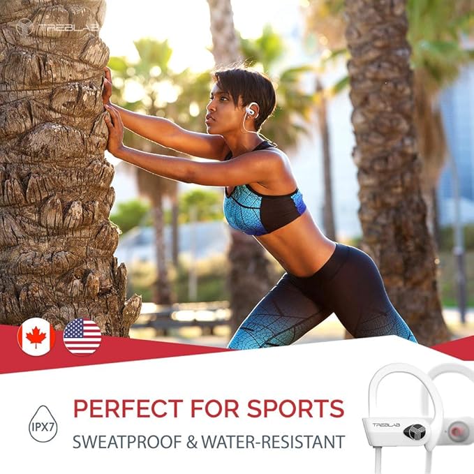 TREBLAB XR500 Bluetooth Running Headphones, IPX7 Waterproof, Noise Cancelling, Secure-Fit, Wireless Sport Earbuds with Mic