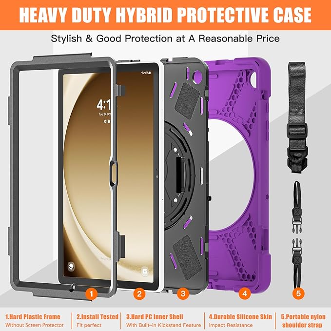 TSQQST Samsung A9 Plus Tablet Case 11 Inch 2023 for Kids with Screen Protector+Stand+Hand Shoulder Strap | Silicone Defender Case for Samsung Galaxy Tab A9+ Plus SM-X210/X216/X218-Purple