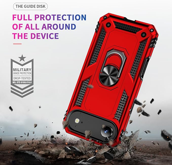 ADDIT Compatible with iPhone 17 Air Case with Tempered Glass Screen Protector, Adjustable Kickstand Ring, Military-Grade Heavy Duty Protection, Shockproof, Anti-Fingerprint,Red