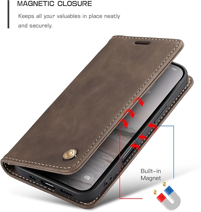 QLTYPRI for iPhone 16 Case Wallet with Card Holder, Vintage PU Leather Kickstand Magnetic Closure Shockproof Folio Book Cover Case for iPhone 16 - Coffee Brown