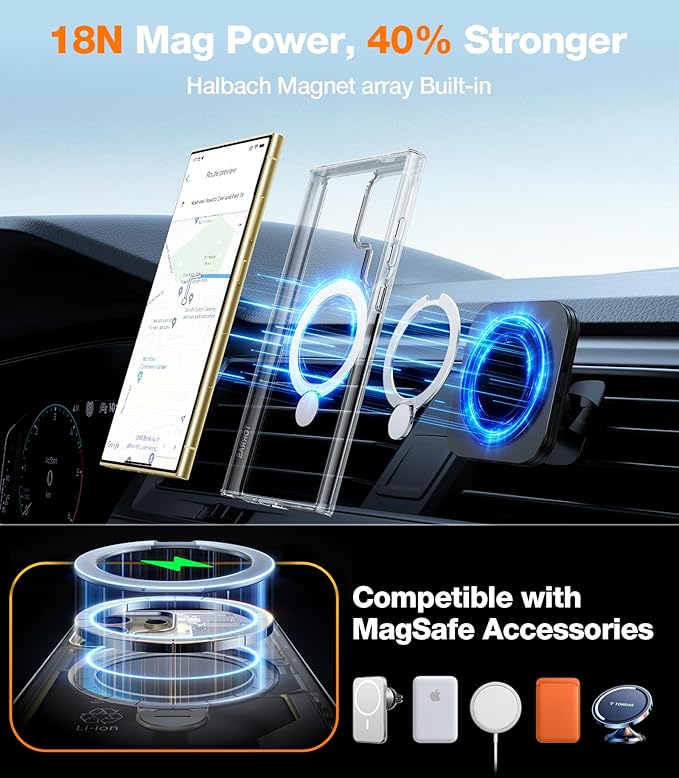 TORRAS 360° Spin Magnetic Stand for Samsung Galaxy S24 Ultra Case, Fit for Magsafe, Hard PC S24 Ultra Phone Case with Kickstand & Ring Holder, Transparent Clear