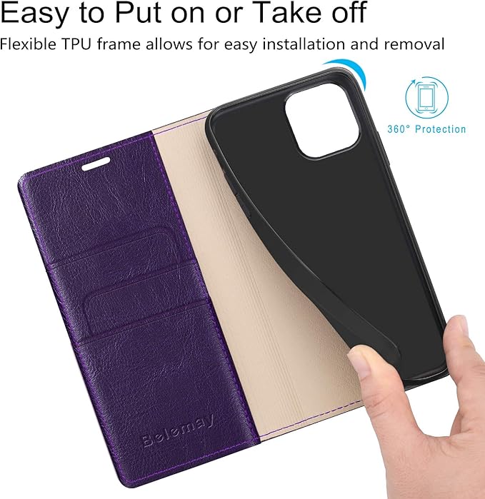 Belemay Compatible with iPhone 14 Pro Wallet Case-Genuine Leather Flip Phone Case-RFID Blocking Card Holders-Shockproof TPU Shell Folio Book Cover Women Men Compatible with iPhone 14 Pro (6.1") Purple