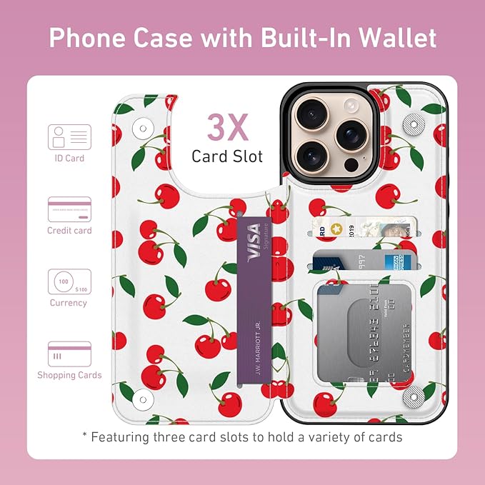 FUNMIKO for iPhone 16 Pro Wallet Case with Card Holder, RFID-Blocking, Military-Grade Protection & UV-Printed Artwork, Magnetic Closure with Leather Kickstand - Juicy Cherries