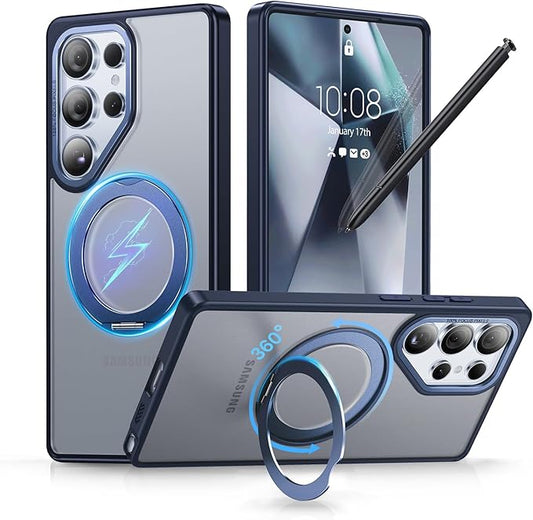 QTlier Phone case for Galaxy S24 Ultra& S25 Ultra- 360 Rotatable Magnetic Ring Stand, Military-Grade Protection, Raised Camera Frame (Blue, S25 Ultra)