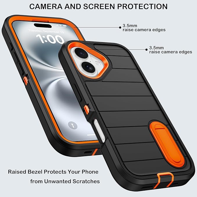 for iPhone 16 Case with 2 Screen Protectors,Heavy Duty Shockproof Drop Protection Military Grade Tri-Layer Rugged Cell Phone Cover with Built-in Invisible Kickstand for Apple 16 6.1“ (Black/Orange)