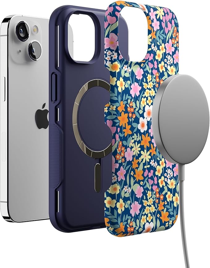 Casely iPhone 14 Case | Full Bloom | Navy Floral | Compatible with MagSafe | Bold Protective Design