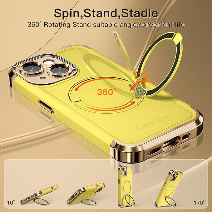 COOLQO for iPhone 13 Case 6.1'' Upgraded 360° Spin Magnetic Stand [Compatible with Magsafe][Military Protection] Plating Matte Scratch-Resistant Back Protective Shockproof Phone Case, Yellow Gold