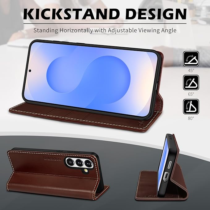 SHIELDON Wallet Case for Galaxy S25 FE 5G, Genuine Leather Case with RFID Blocking Credit Card Holder Kickstand Magnetic Folio Protective Cover Compatible with Galaxy S25 FE 6.7" 2025 - Retro Coffee