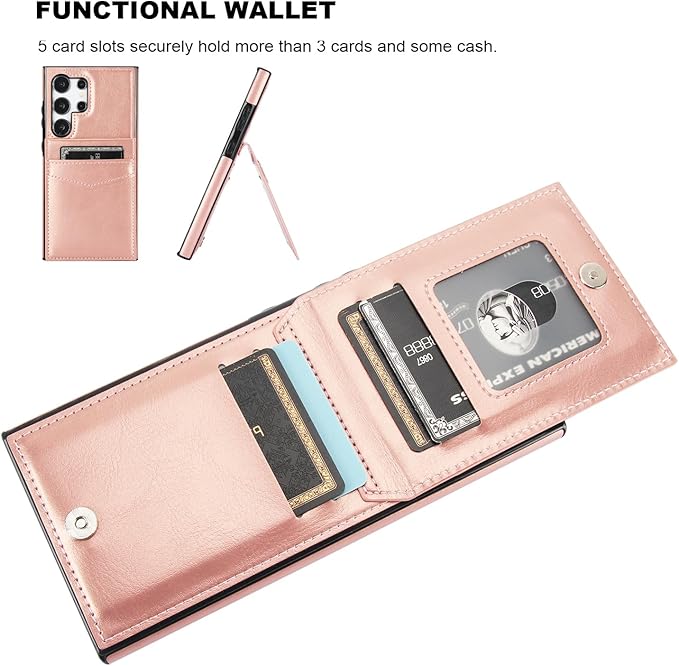 KIHUWEY for Samsung Galaxy S24 Ultra Case Wallet with Credit Card Holder, Flip Premium Leather Magnetic Clasp Kickstand Heavy Duty Protective Cover for Samsung Galaxy S24 Ultra 6.8" (Rose Gold)