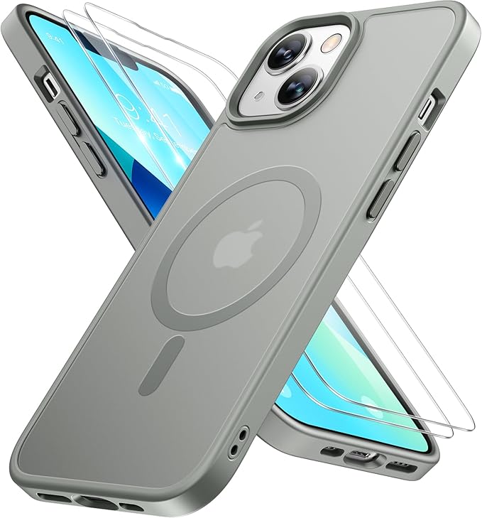 Miracase Magnetic for iPhone 13 Case 6.1 inch (Compatible with MagSafe)（with 2X Screen Protectors） Military-Grade Protection, Anti-Fingerprint Translucent Matte Phone Case Cover, Gray