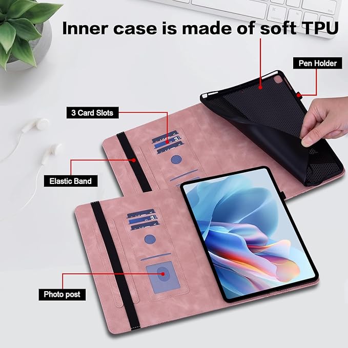 Case for Lenovo Tab M11/Tab K11 LTE 11" 2024 TB330FU Multi Angle Flip PU Leather Shockproof Case with Pencil Holder/Card Slots, Pink