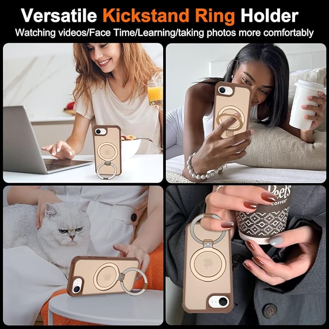 Magnetic Compatible with iPhone 16E Case with Stand [Military Grade Drop Tested][Compatible with Magnet] Ring Translucent Slim Hard Back Soft Edge, Desert Gold
