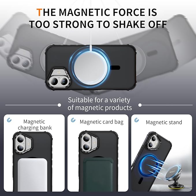 Magnetic for iPhone 16 Case Black with MagSafe Wireless Charging Heavy Duty Military-Grade Shockproof Protection Adjustable Kickstand Slim Matte Anti-Fingerprint Cover Men Women