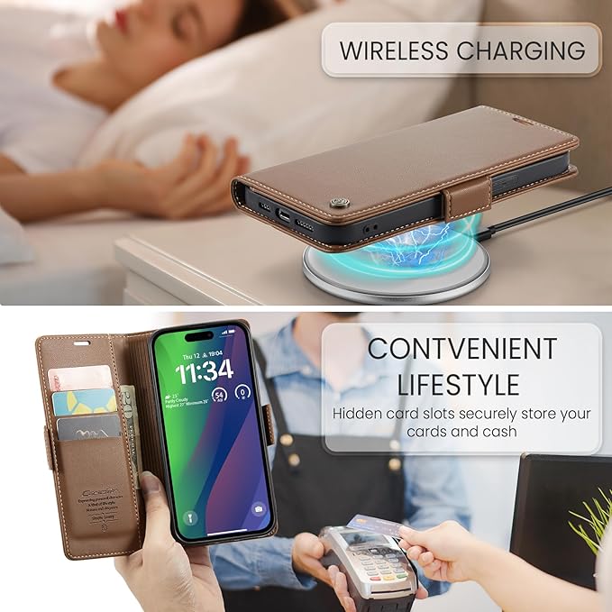 for iPhone 15 Case, Premium PU Leather Wallet Case Flip Cover with [RFID Blocking][Card Holder][Stand Function] Shockproof Protective for iPhone 15 Case, Brown