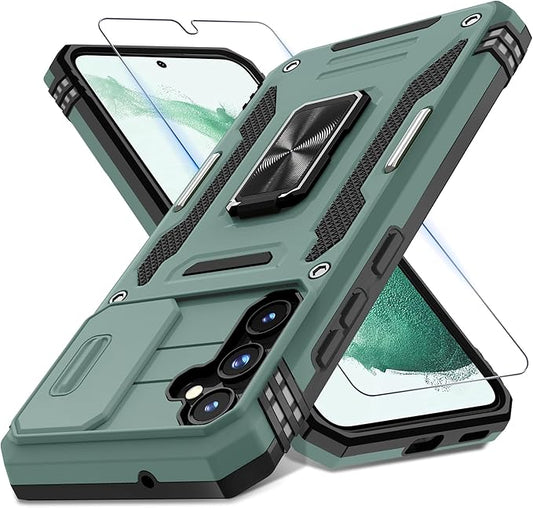 DEERLAMN Case for Samsung Galaxy S23 FE 6.4-Inch with Slide Camera Cover+Screen Protector(1 Pack),Rotated Ring Kickstand Military Grade Shockproof Protective Cover-Green