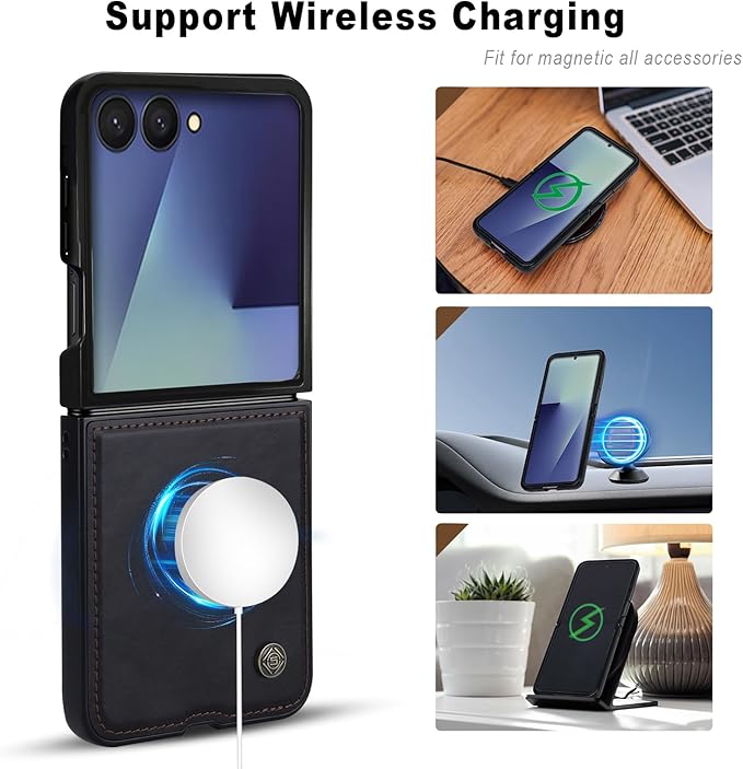 ASAPDOS Leather Folio Magnetic Case for Samsung Galaxy Z Flip 7 [Compatible with MagSafe],Built-in Screen Protector and PU Leather Thin Slim Protective Case Cover Black