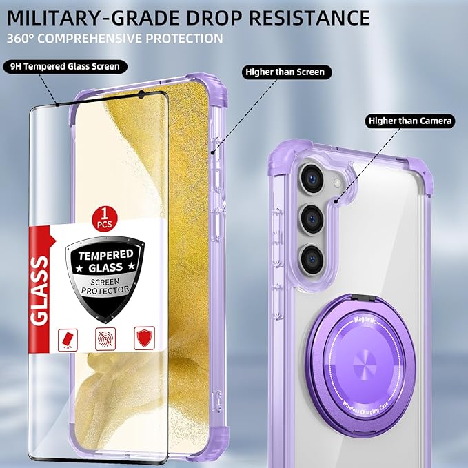 for Samsung Galaxy S22 Plus Case Magnetic Compatible with MagSafe with Screen Protector,for S22+Plus Phone Case with Kickstand Ring Military Grade Drop Heavy Duty Protection Shockproof Purple
