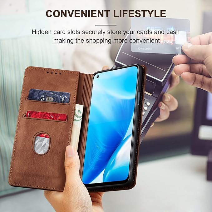Jasonyu Flip Wallet Case for OnePlus Nord N200 5G,Leather Magnetic Folio Cover with Card Holder,Kickstand - TPU Shockproof Durable Protective Phone Case,Brown
