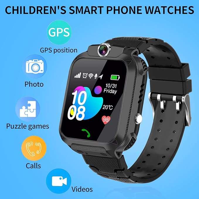 2G Kids GPS Watch, Waterproof Smart Tracker for Boys Girls Ages 3-12 - 2-Way Calling, SOS Button, No Games, 7-Day Battery, Birthday Gift (Black)