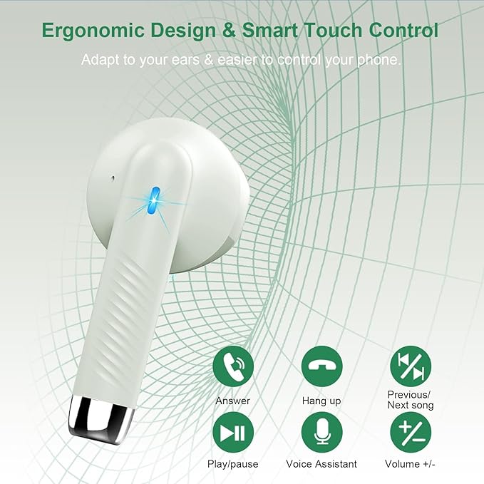 Wireless Earbuds, Bluetooth 5.4 Headphones In Ear with Noise Cancelling Mic, Bluetooth Earbuds Stereo Bass, IP7 Waterproof Sports Earphones, 32H Playtime USB C Charging Green Ear Buds for Android iOS