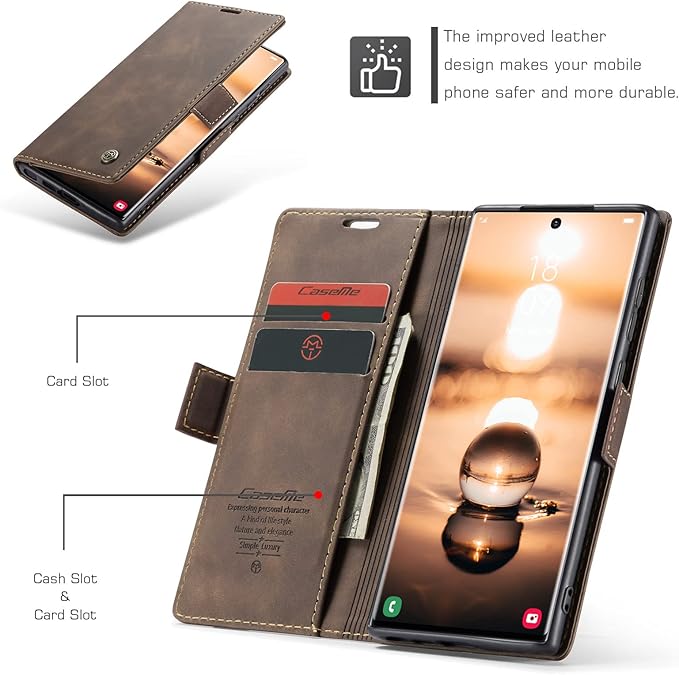 for Samsung Galaxy S23 Ultra 5G Case, Flip Wallet Leather Case with Card Holder Magnetic Closure Shockproof Kickstand Protective Phone Cases Cover for Galaxy S23 Ultra 5G 6.8 Inch,Coffee