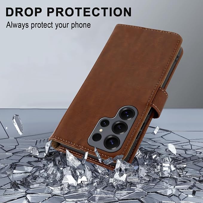 MONASAY Wallet Case Fit for Samsung Galaxy S25 Ultra 6.9 inch, [Lens & Glass Screen Protector Included] [RFID Blocking] Flip Folio Leather Cell Phone Cover with Credit Card Holder, Brown