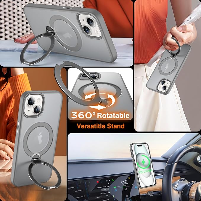 360° O-Ring MagStander for iPhone 15 Case with Magnetic Kickstand Ring Holder [Compatible with MagSafe][360°Rotate Stand Ring][Military Shockproof] Magnet iPhone 15 Phone Cover Matte Grey