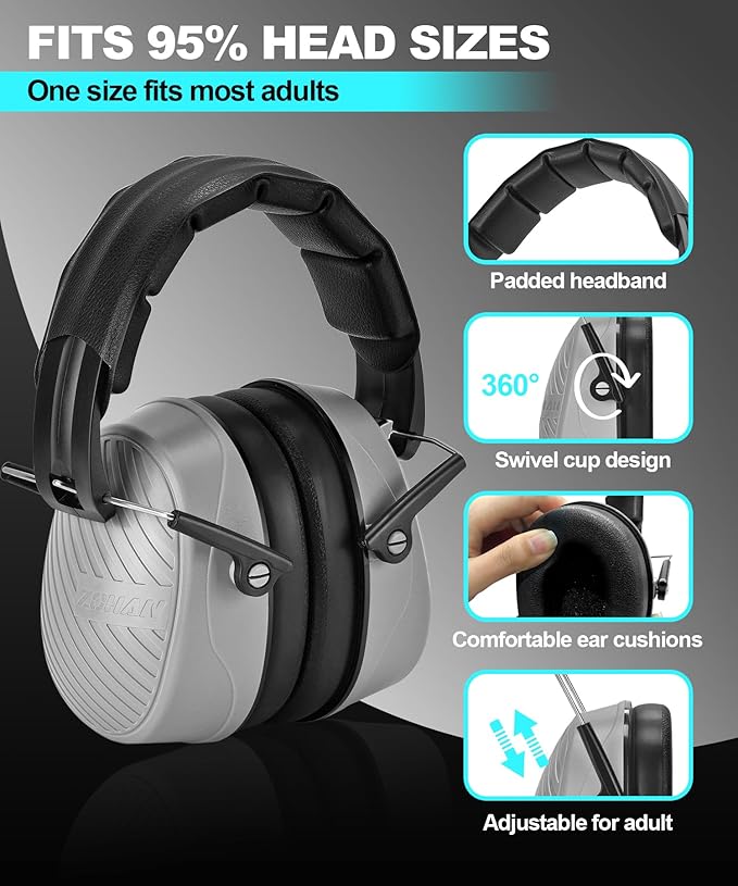ZOHAN 019 Noise Cancelling Headphones for Adult - NRR 28dB Hearing Protection Ear Muffs for Working, Shooting, Mowing, Autism, Construction