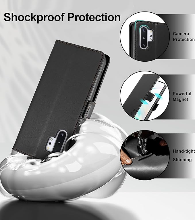 Wallet Flip Case for Samsung Galaxy Note 10 Plus/Note10+ - [RFID Blocking] Luxury PU Leather Card Holder Magnetic Phone Cover with Kickstand,Shockproof Protective Case,Black