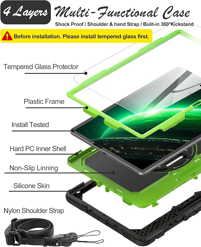 Case for Samsung Galaxy Tab S10 FE Plus 5G Tablet 13.1'', Shockproof Protective Cover with Tempered Glass Screen Protector, Rotatable Kickstand, S Pen Holder, Hand/Shoulder Strap, Green
