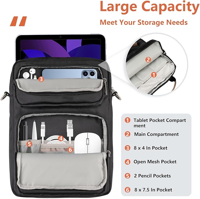 10-13 Inch Tablet Sleeve Bag, Ipad Bag for 13 In/11 in New iPad Pro M4 & 13 in Air M2 2024,iPad Pro 12.9 M2&M1,Ipad 10.9,Galaxy Tab S8+/S9+ 12.4,with Removable Shoulder Strap(Black)