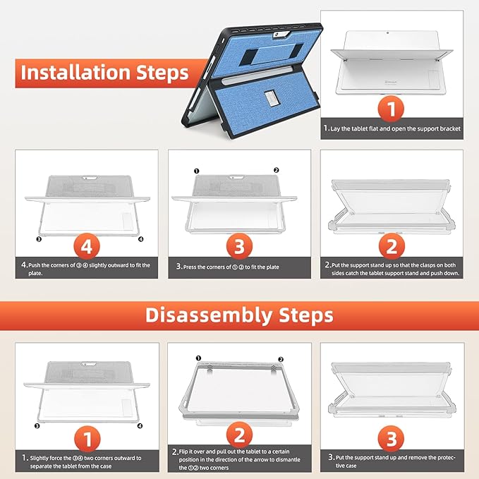 Case fit Microsoft Surface Pro 11/10/9/8 13-Inch, with Stent Cover, Hand Strap, All-in-one Rugged Case Compatible with Type Cover Keyboards, Blue